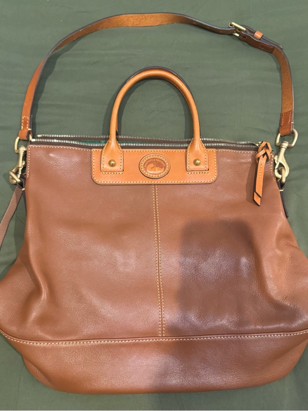Authentic Dooney & Bourke Brown Leather Satchel with Tan Trim